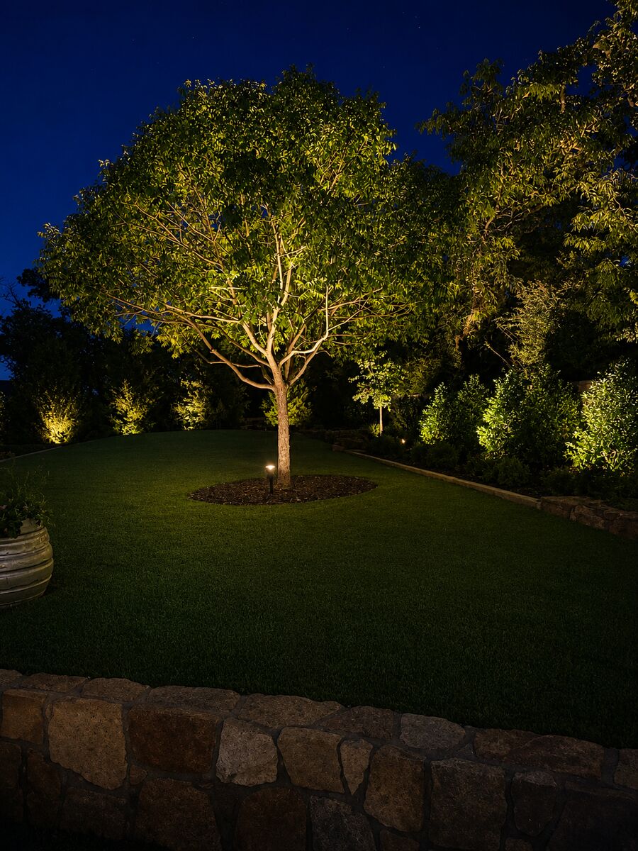 Warm pathway lighting through landscaped garden beds