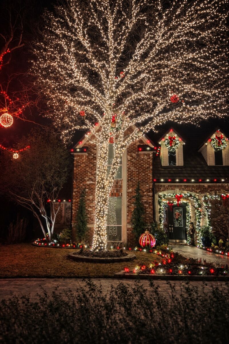 Tree canopy lighting creating dramatic nighttime ambiance