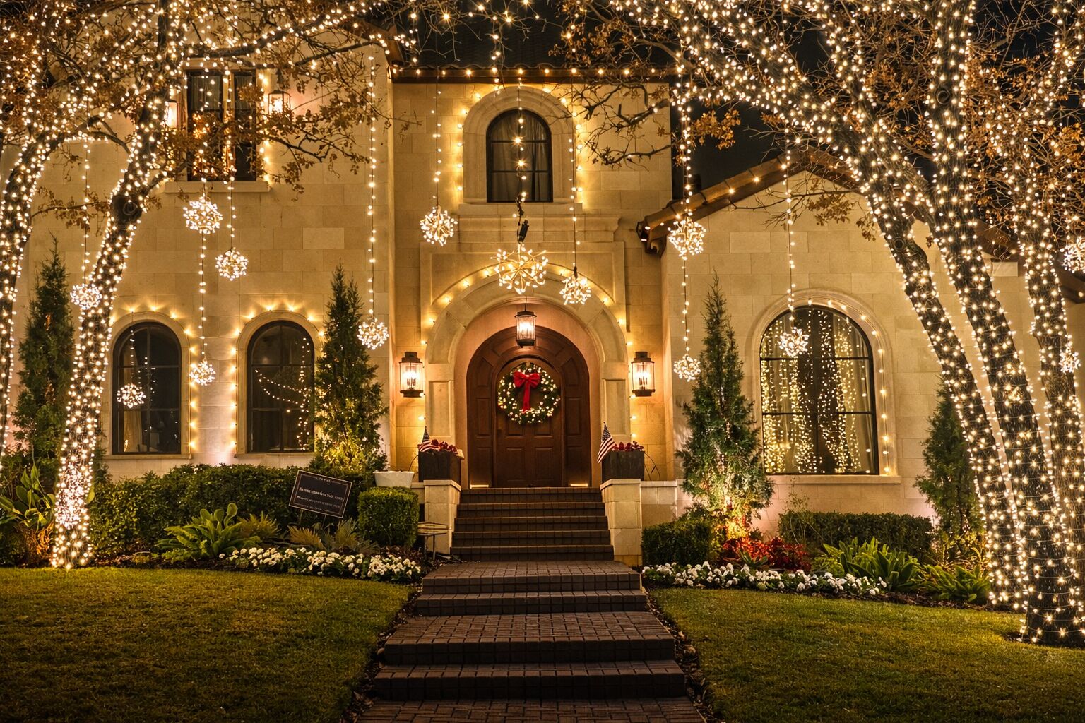 Holiday Christmas lighting display on residential home