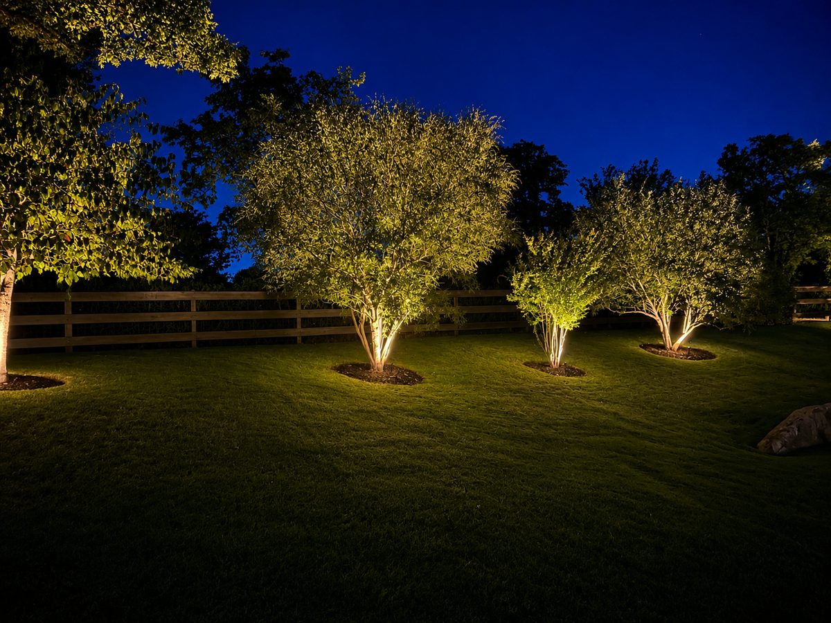 Premium residential façade with layered landscape and architectural lighting