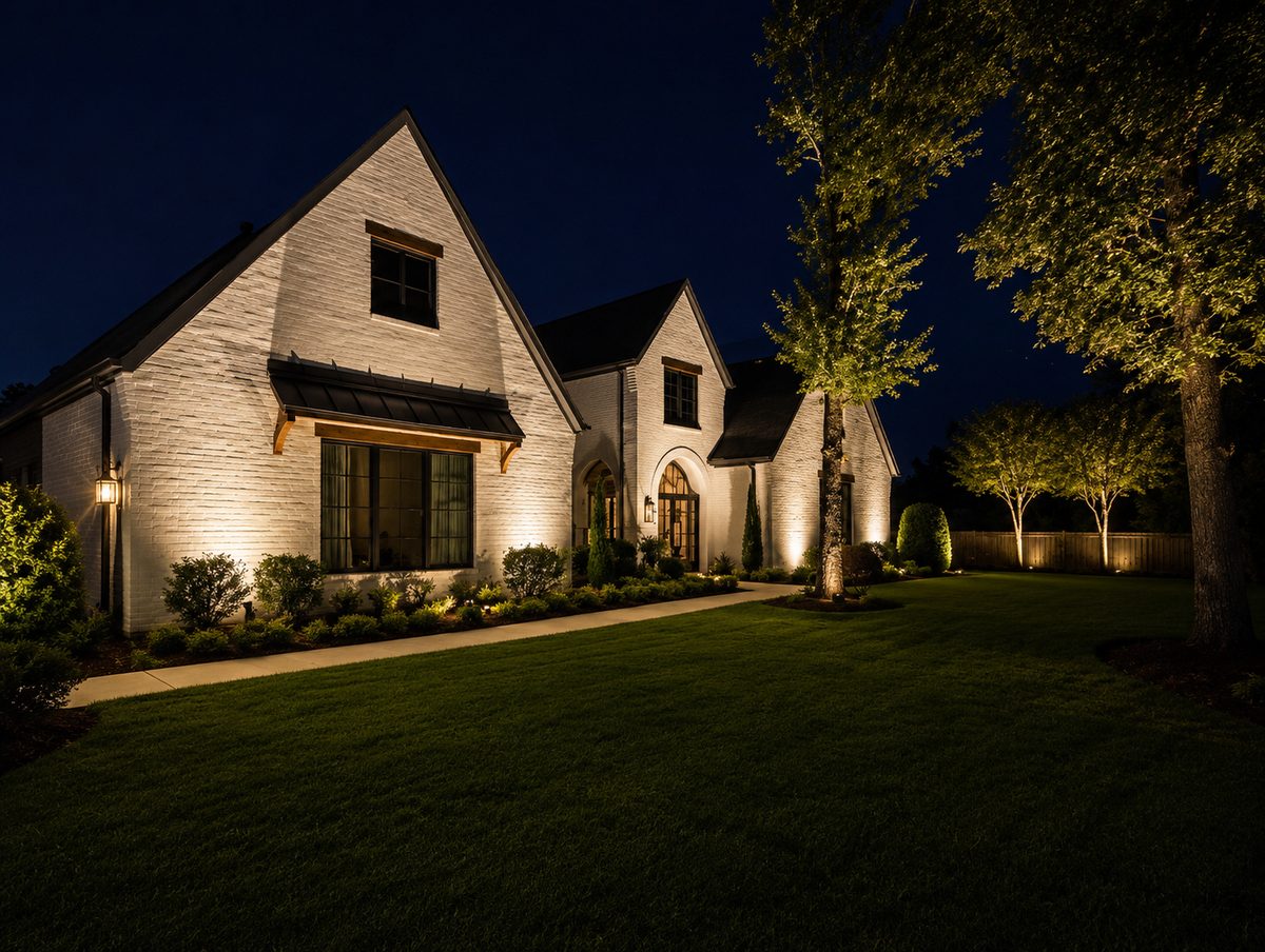 Evening curb appeal lighting on a high-end North Texas home