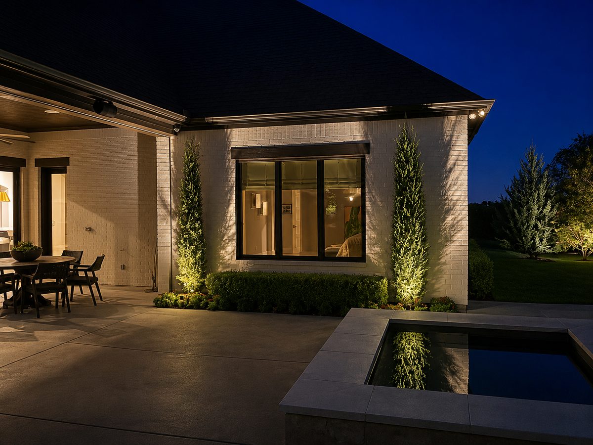 Warm architectural wash across stone and brick exterior