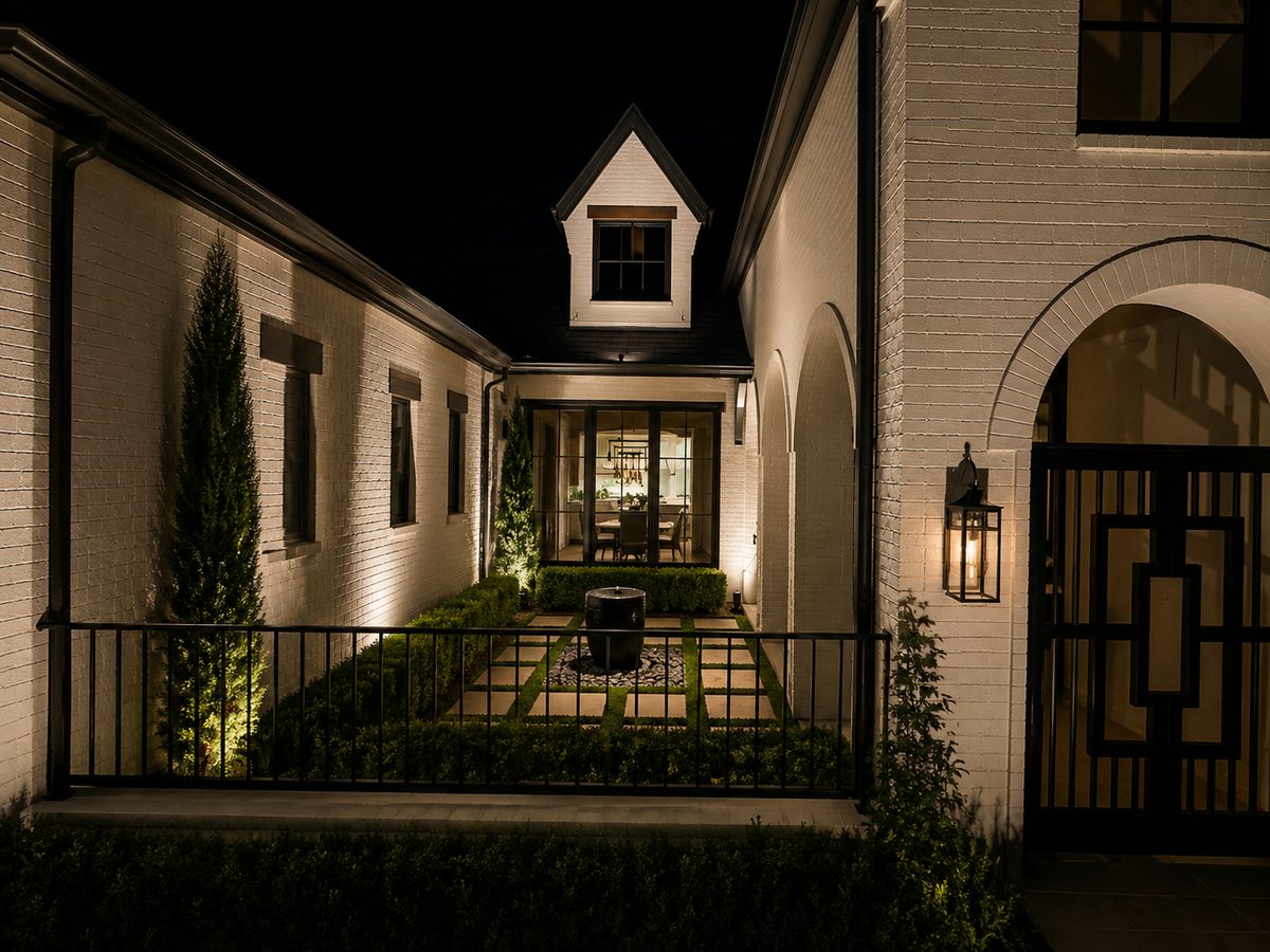 Pathway and garden lighting guiding guests to the front door