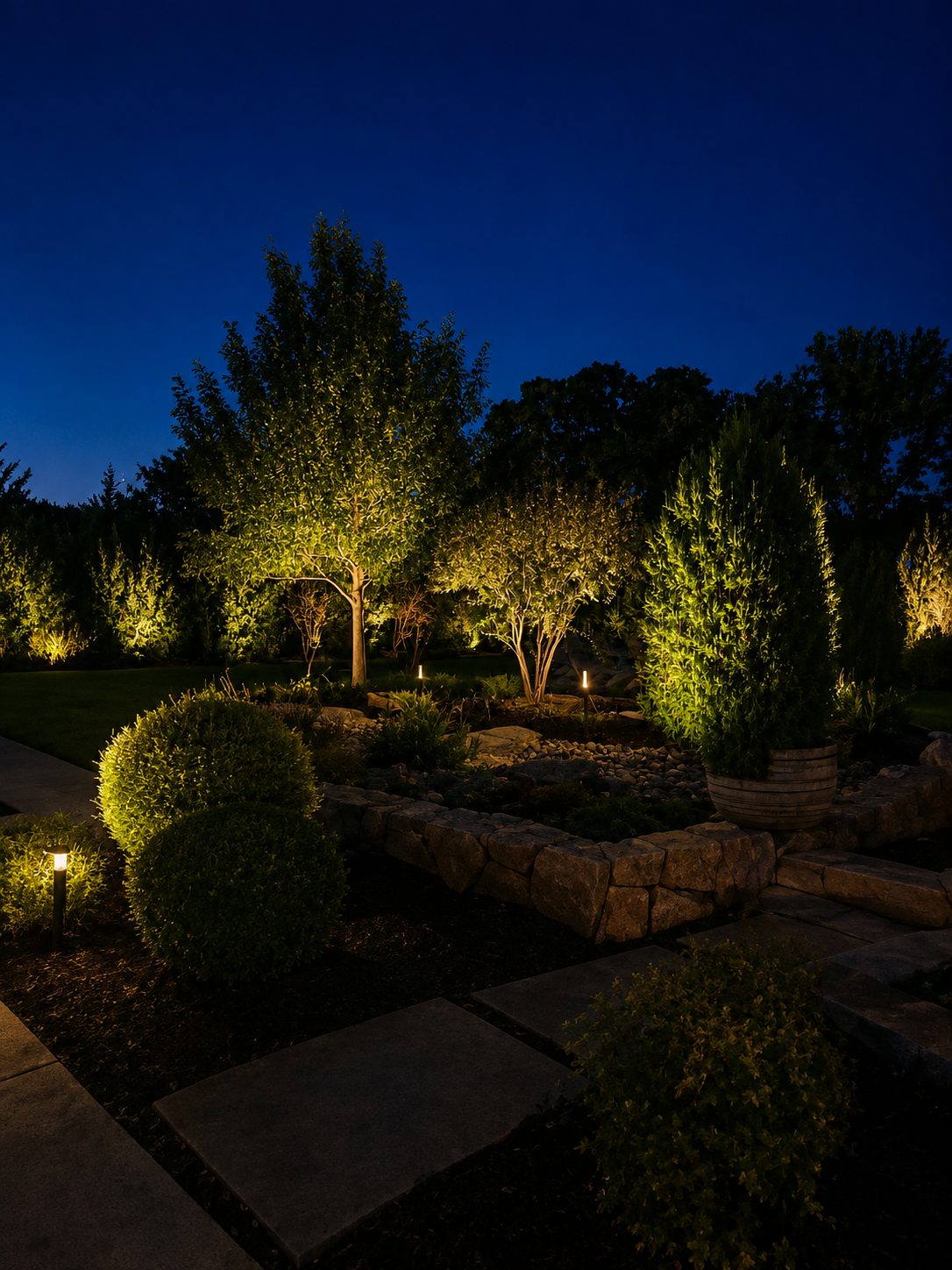 Vertical night portrait of tree-lit luxury home entry