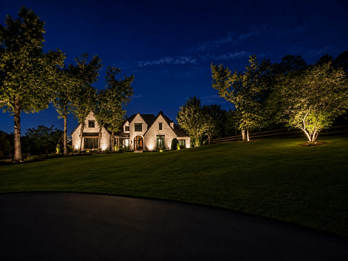Low-glare landscape accents along manicured front beds