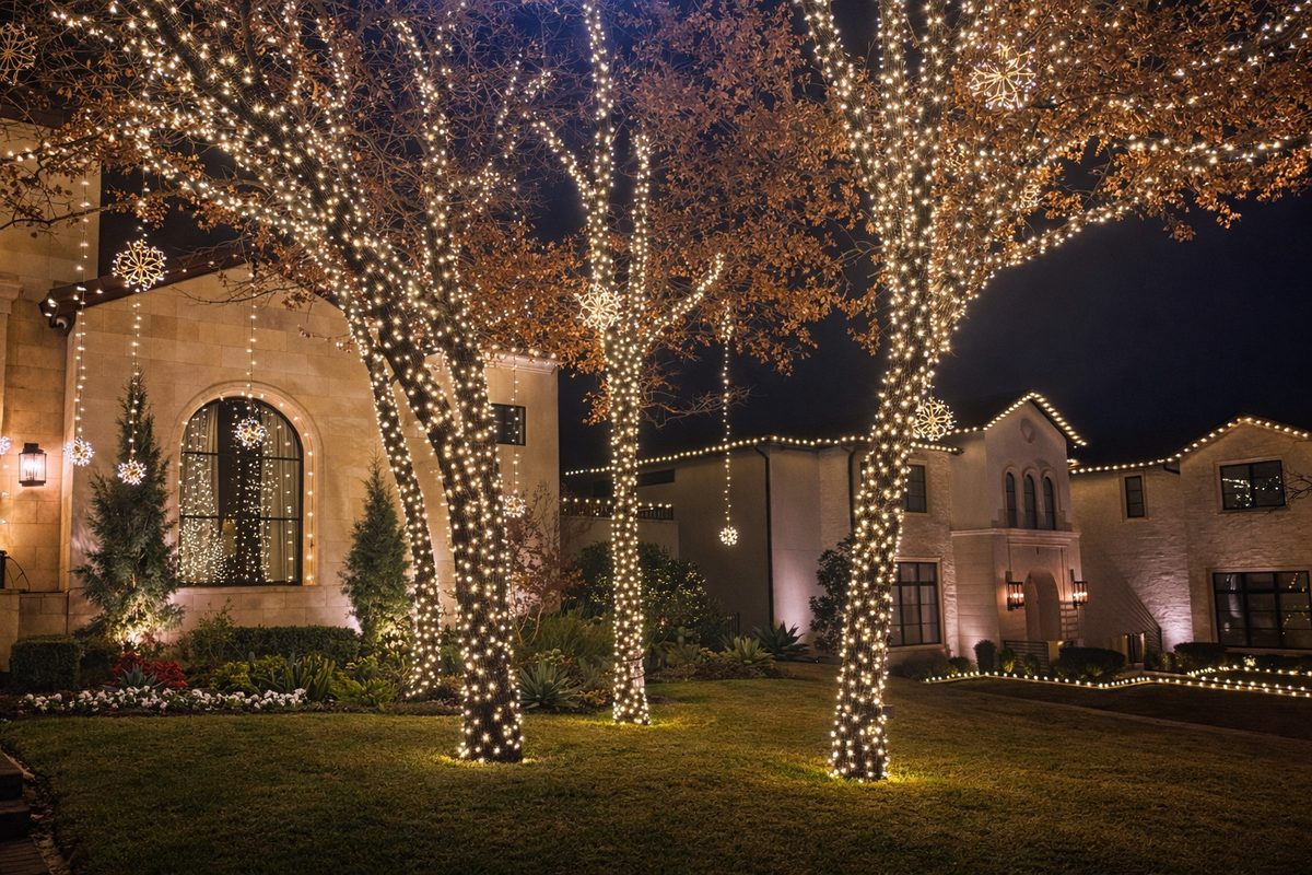 Custom Christmas tree-wrap and roofline lighting on a luxury estate