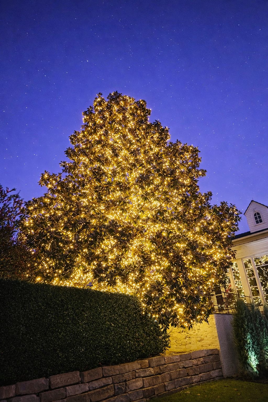Tall evergreen and entry lighting on a two-story estate