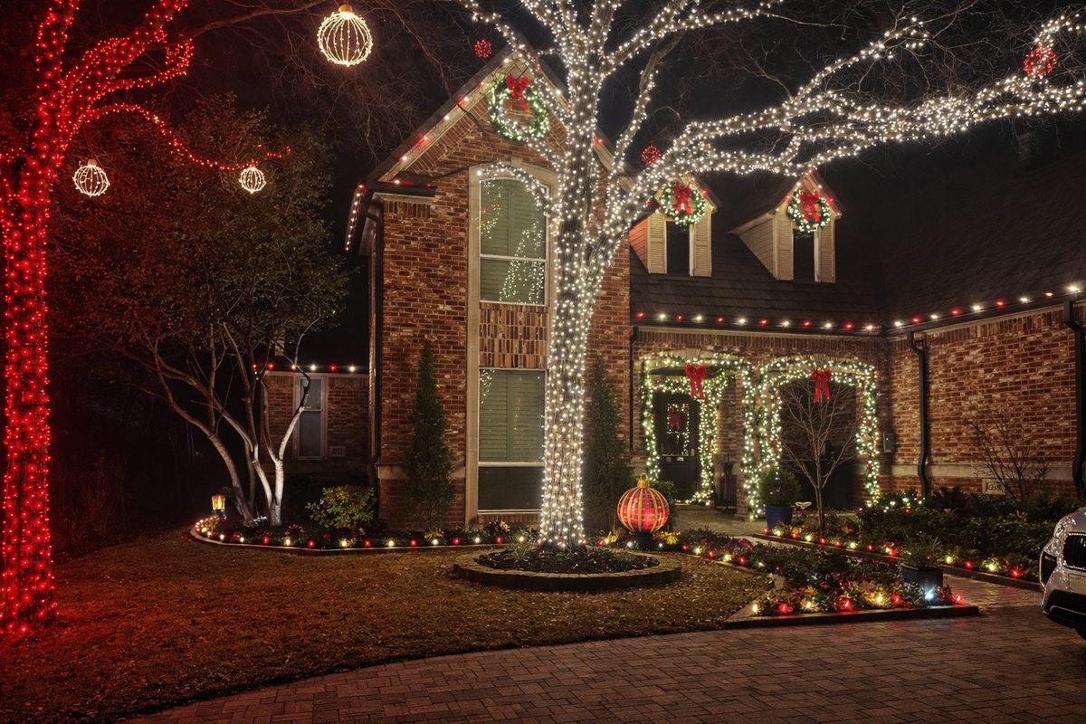 Layered Christmas and landscape lighting across a grand front lawn