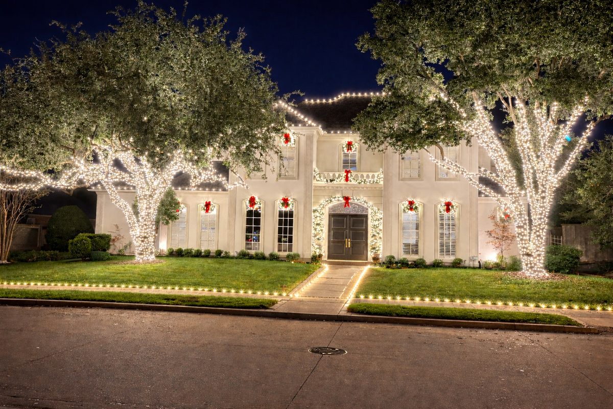 Festive tree canopy lighting with architectural accents