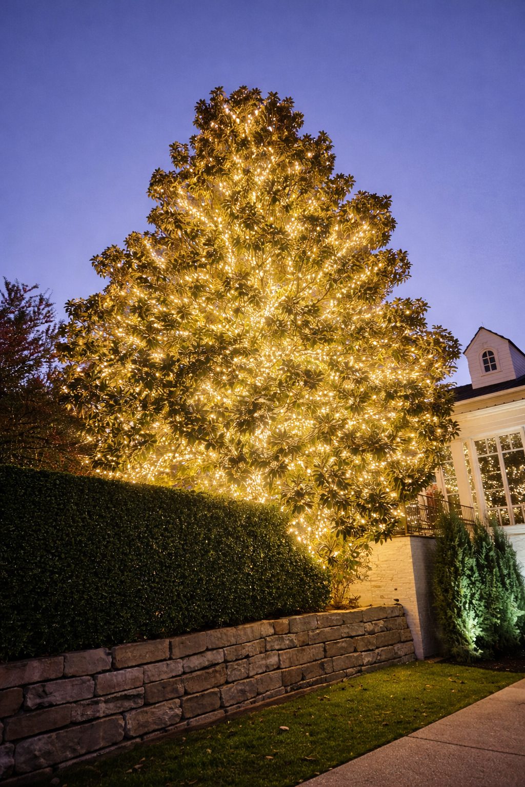 Portrait view of holiday-lit luxury home at night