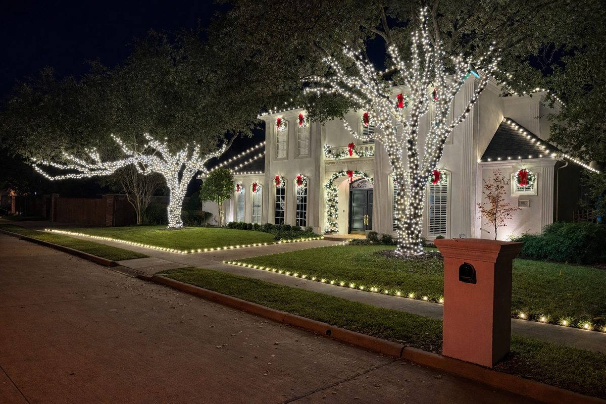 Architectural peaks highlighted with professional holiday LEDs