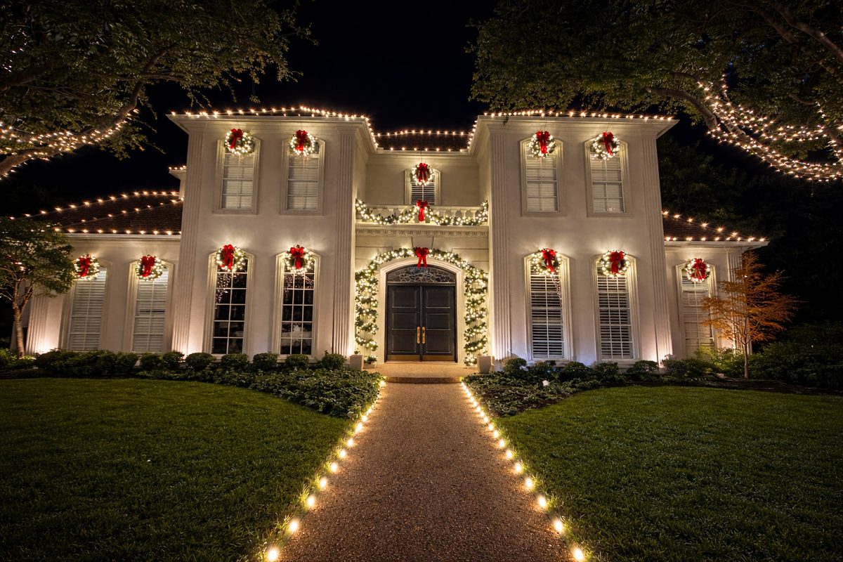 Drive approach and tree lighting on a luxury Dallas-area home