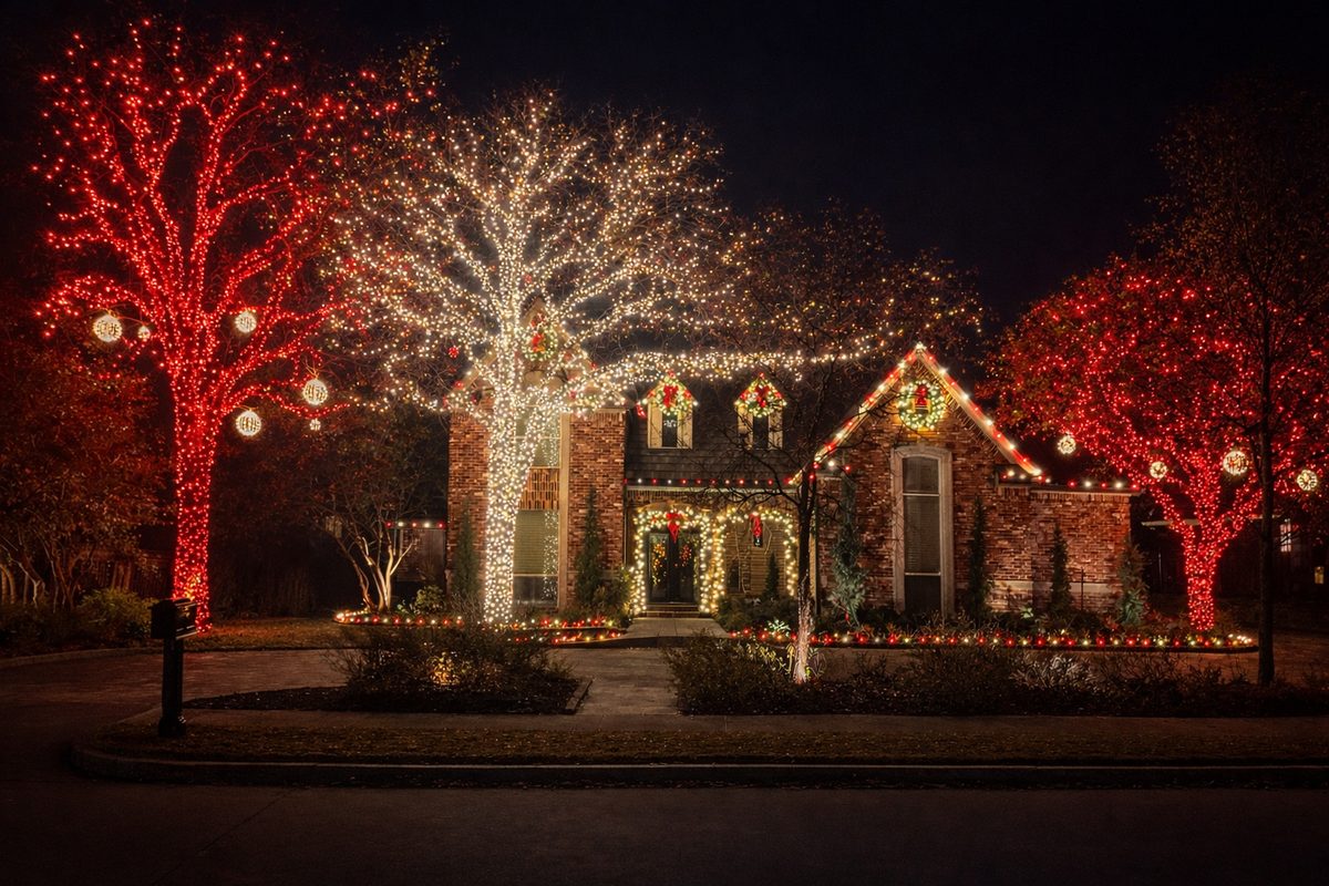 Nighttime landscape lighting along a curved driveway and beds