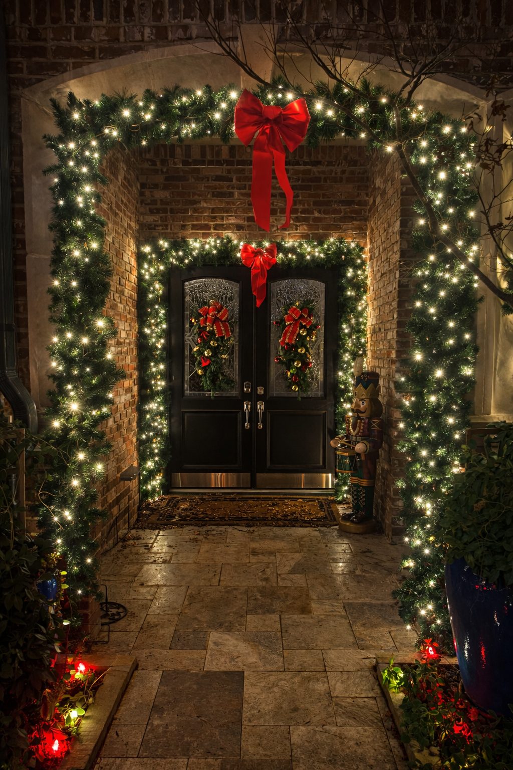 Portrait of illuminated entry columns and landscaping