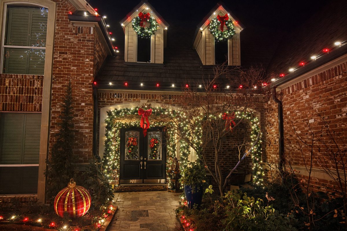 Soft uplighting on trees and stone façade after dark