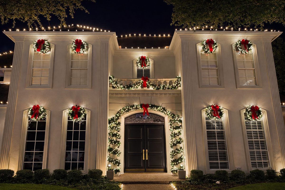 Premium outdoor lighting package on a white brick residence