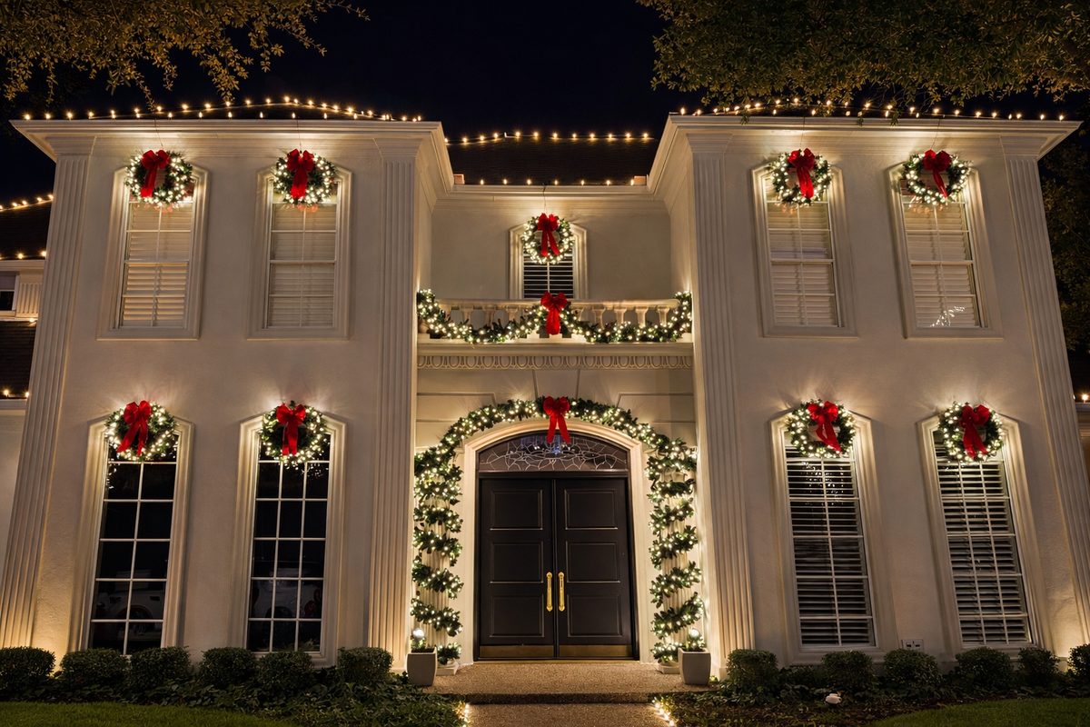 Bright, welcoming holiday display on a luxury North Texas home